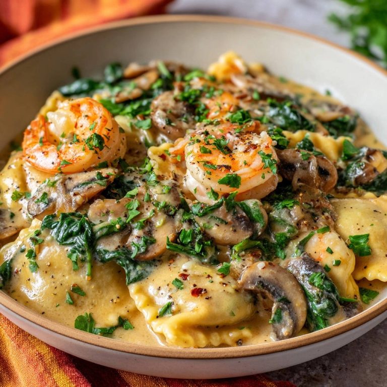 Cremige Ravioli mit Garnelen und Pilzen, eine Nahaufnahme mit frischer Petersilie garniert und in cremiger Sauce serviert.