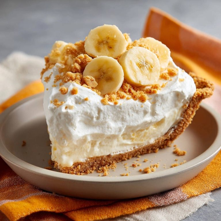Cremiger Bananen-Traum-Pie angeschnitten auf einem Teller, mit frischen Bananenscheiben und Streuseln garniert