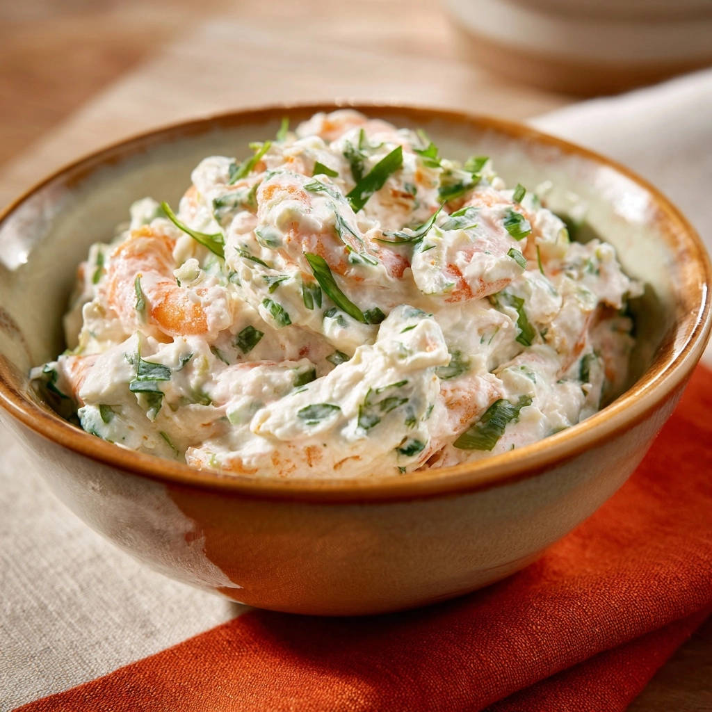 Cremiger Dill-Garnelensalat als Nahaufnahme in einer Schüssel mit frischen Kräutern garniert, perfekt cremig und appetitlich serviert.