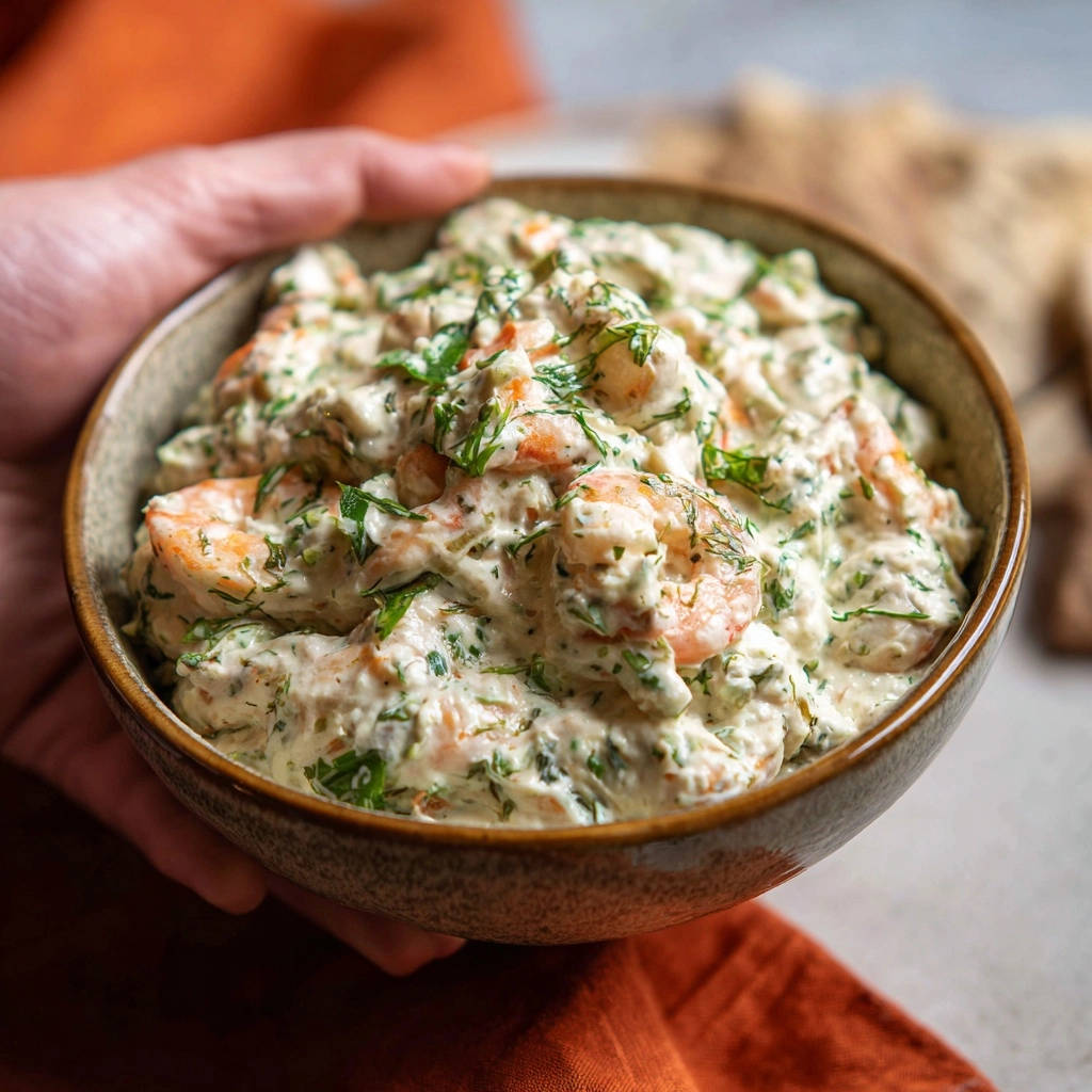 Cremiger Dill-Garnelensalat als Nahaufnahme aus einer Schüssel mit Dill und Garnelen, die von einer Hand gehalten wird.