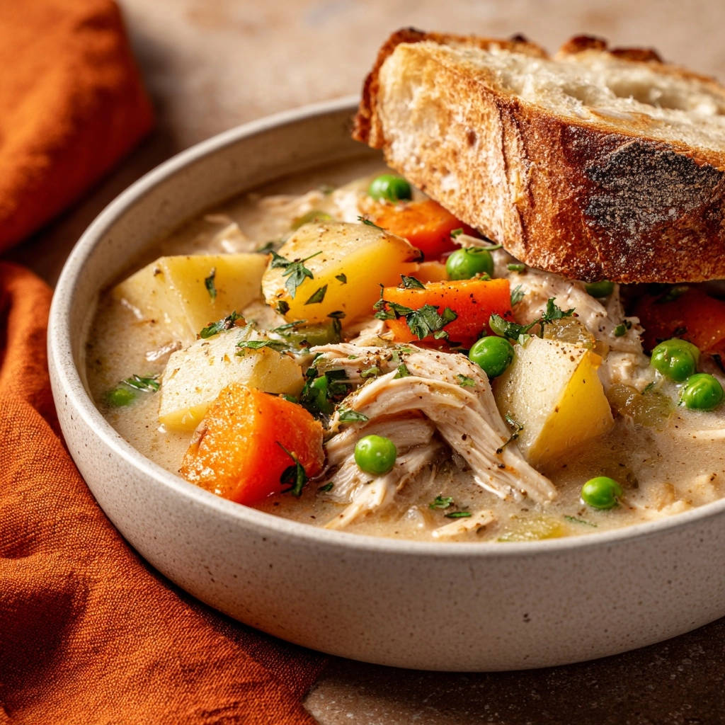 Cremiger Hähnchen-Eintopf mit Kartoffeln und Karotten, nahaufnahme der reichhaltigen Soße mit Brotbeilage.