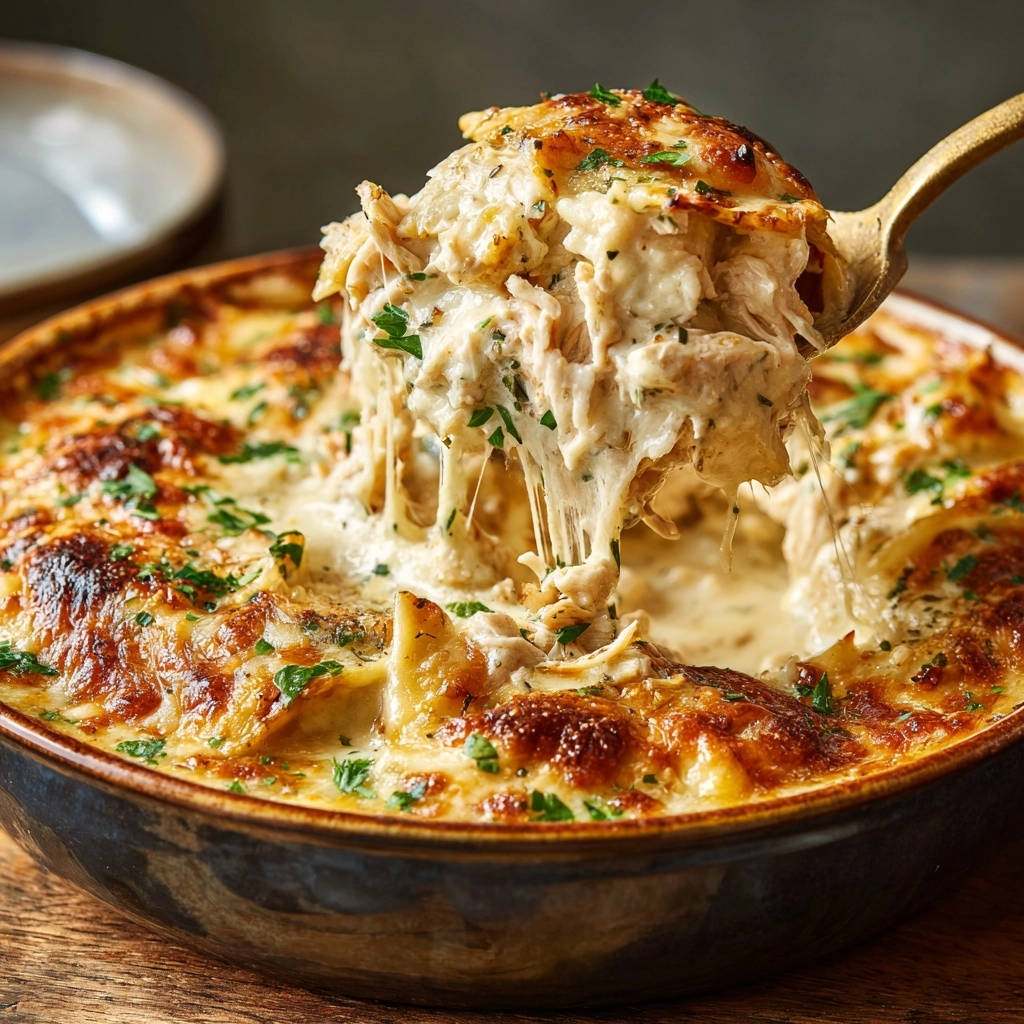 Cremiger Hähnchen-Ravioli-Auflauf mit geschmolzenem Käse, der von einem Löffel gezogen wird.
