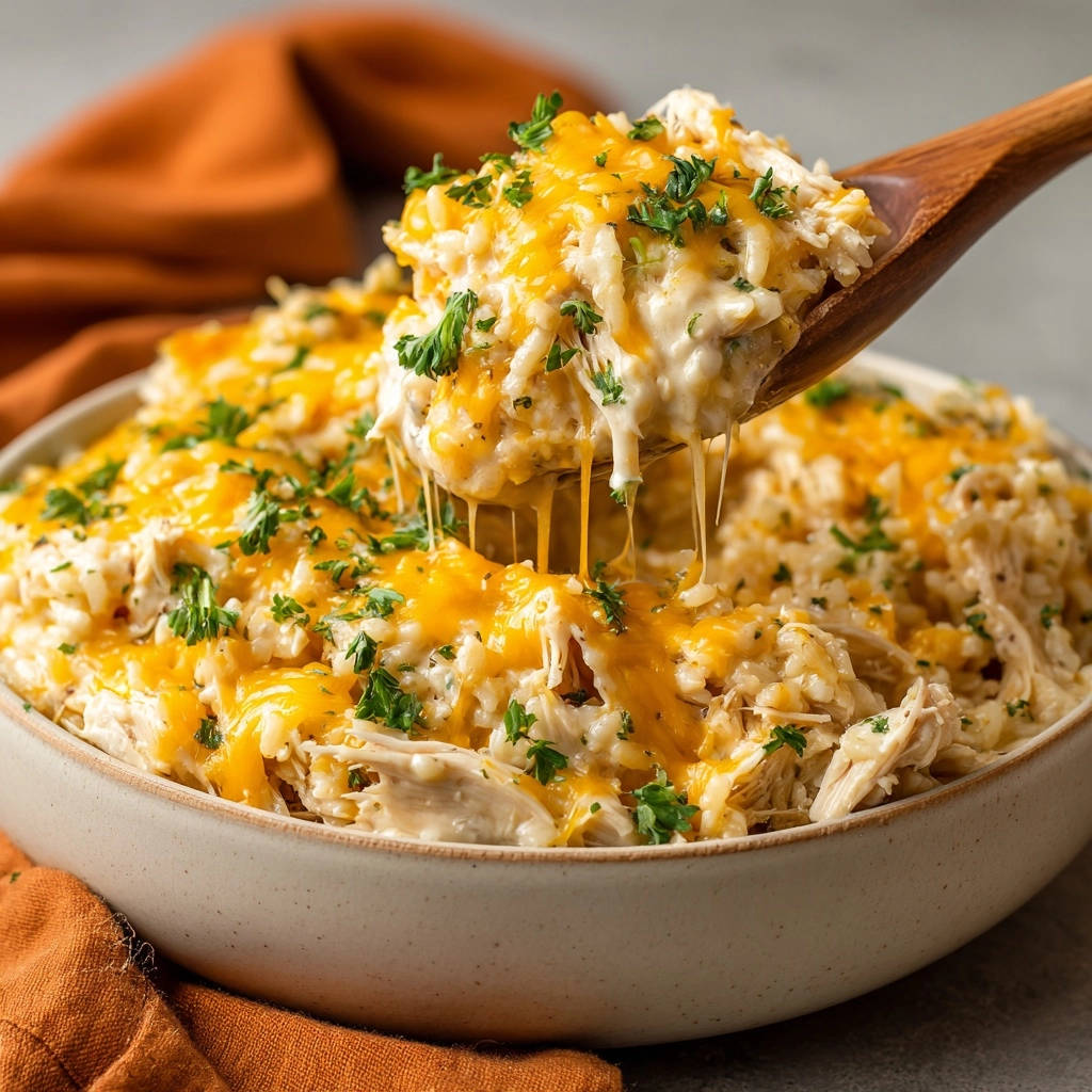 Cremiger Hähnchen-Reis-Topf mit geschmolzenem Käse und Petersilie, der auf einem Holzlöffel Fäden zieht.