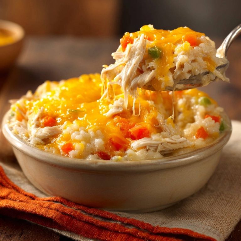 Cremiger Hähnchen-Reis-Topf mit geschmolzenem Käse, der auf einem Löffel Fäden zieht.