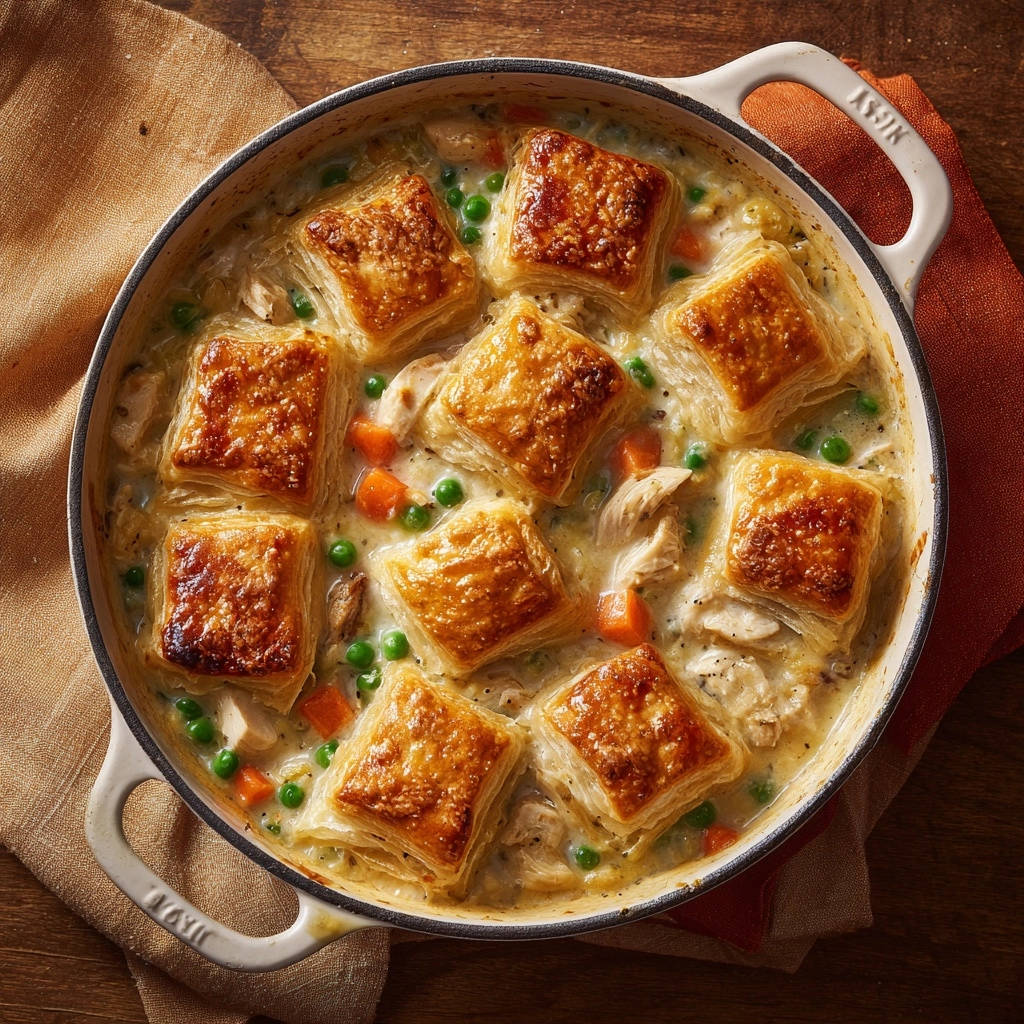 Cremiger Hähnchen-Topf-Auflauf mit herrlich aufgehendem Blätterteig, serviert in einer gusseisernen Pfanne, Draufsicht.