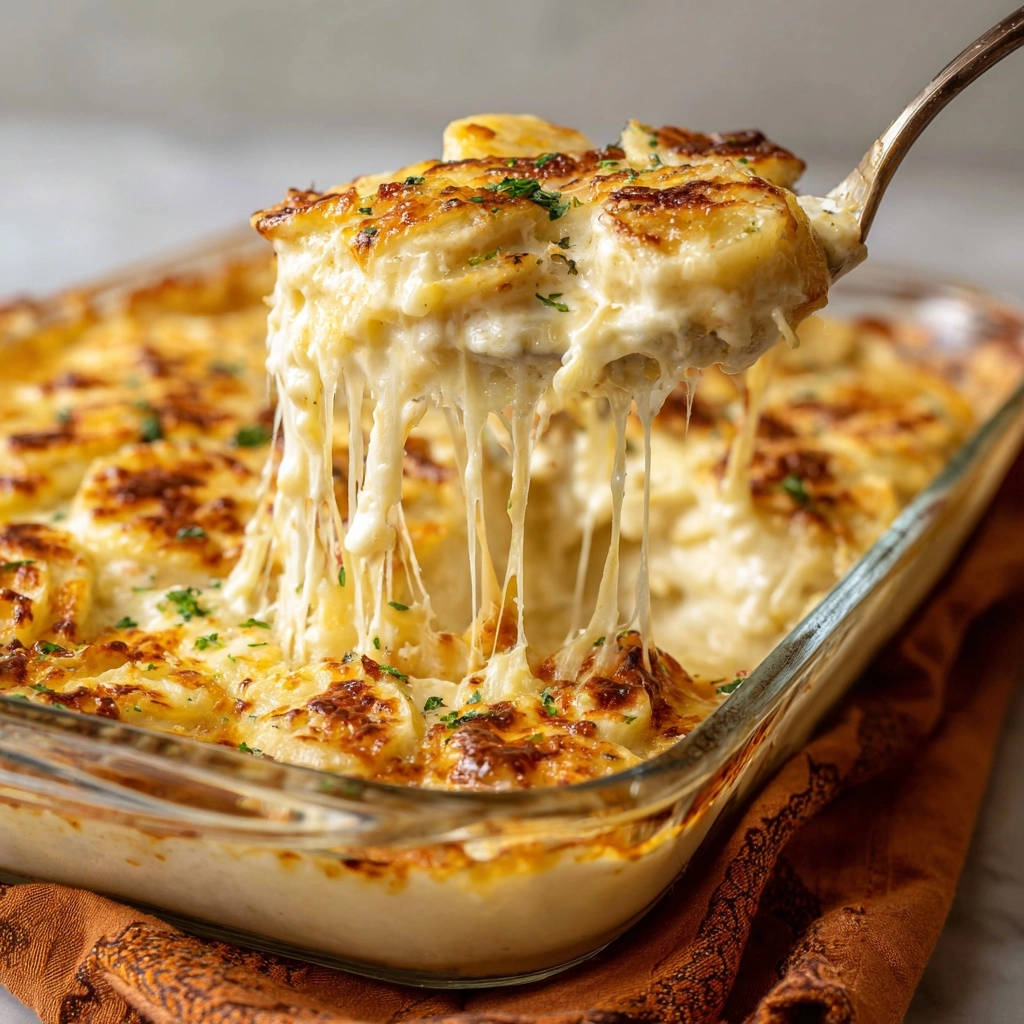Cremiger Kartoffelgratin, eine Portion wird aus der Auflaufform gehoben und zeigt den geschmolzenen Käse.