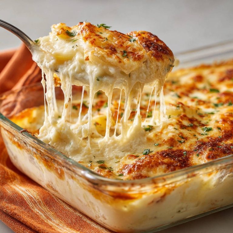Cremiger Kartoffelgratin mit einem üppigen Käsefaden, der beim Anheben aus der Auflaufform gezogen wird.