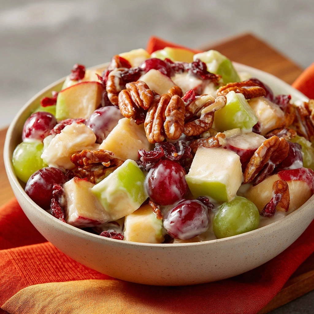 Cremiger Herbst-Obstsalat mit Äpfeln, Trauben und Nüssen, Nahaufnahme der cremigen Textur und frischen Früchte.
