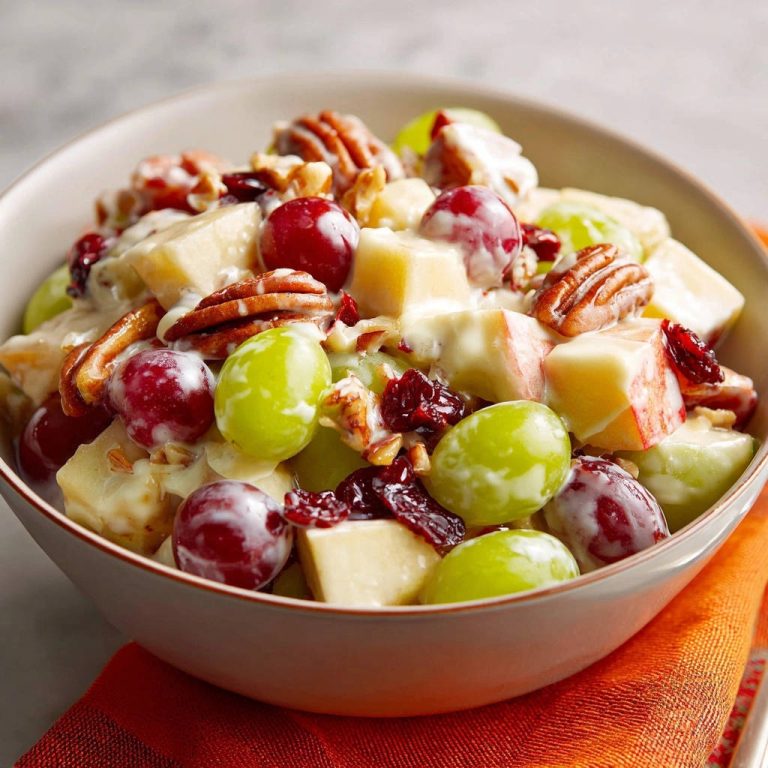 Cremiger Herbst-Obstsalat als Nahaufnahme mit knackigen Nüssen und saftigen Trauben, serviert in einer Schüssel.