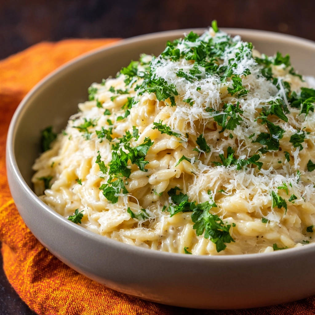 Cremiger Orzo-Risotto mit Parmesan, garniert mit frischer Petersilie und geriebenem Käse in einer Schüssel.