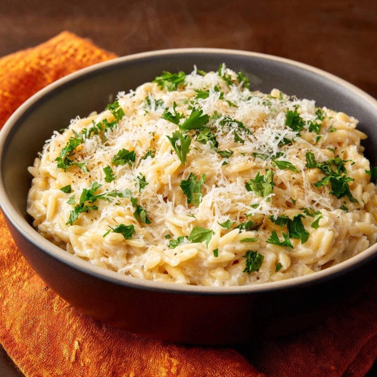 Cremiger Orzo-Risotto mit Parmesan, garniert mit frischer Petersilie und geriebenem Käse.