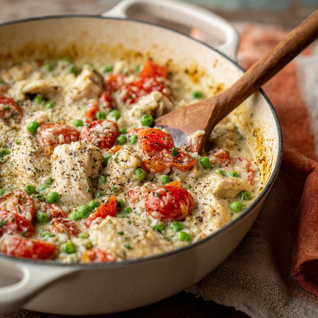 Cremiges Hähnchen mit Tomaten und Erbsen, hier als Nahaufnahme mit einem Holzlöffel im Topf gezeigt.