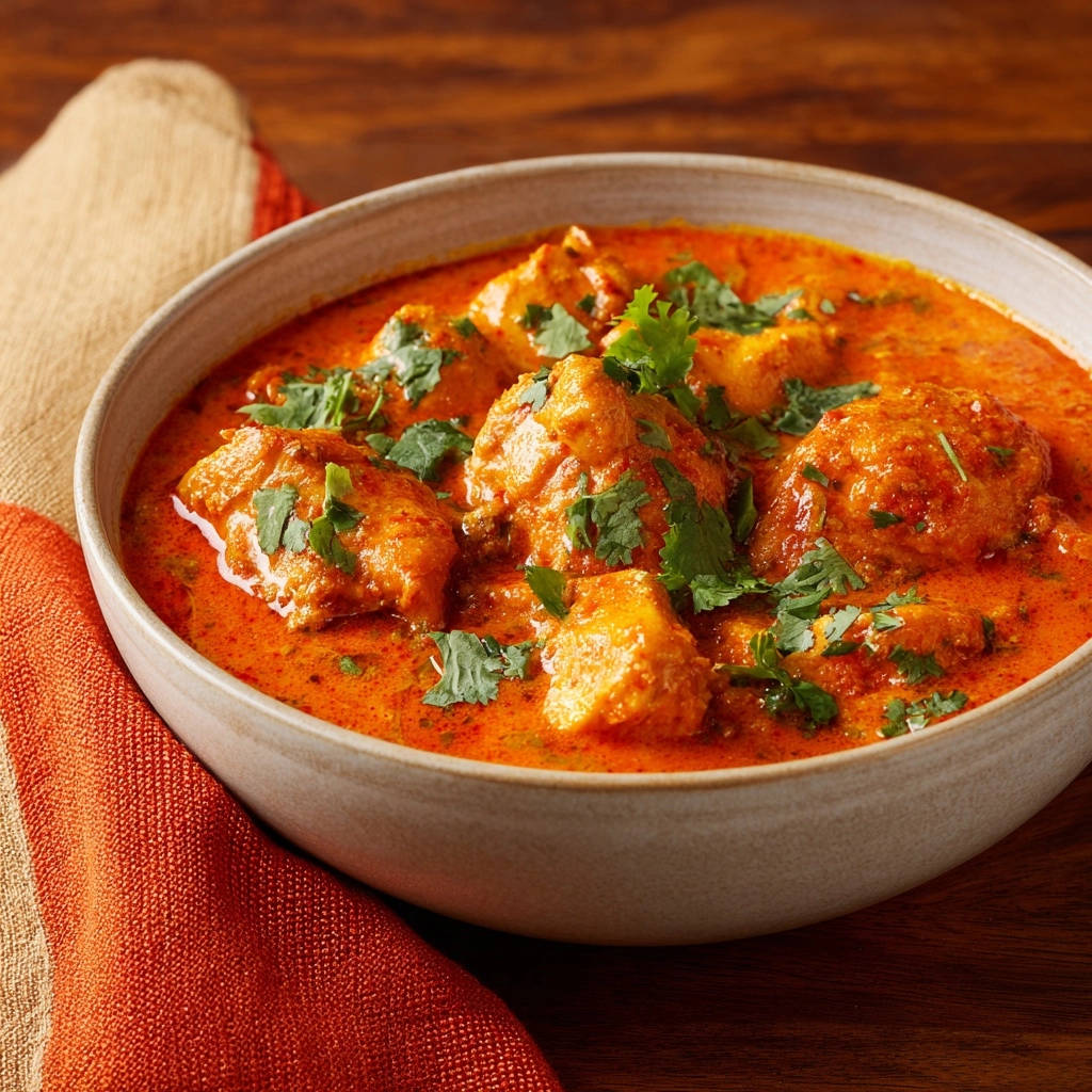 Cremiges Hähnchen-Curry, Nahaufnahme eines garnierten Gerichts mit frischem Koriander in einer Schüssel.