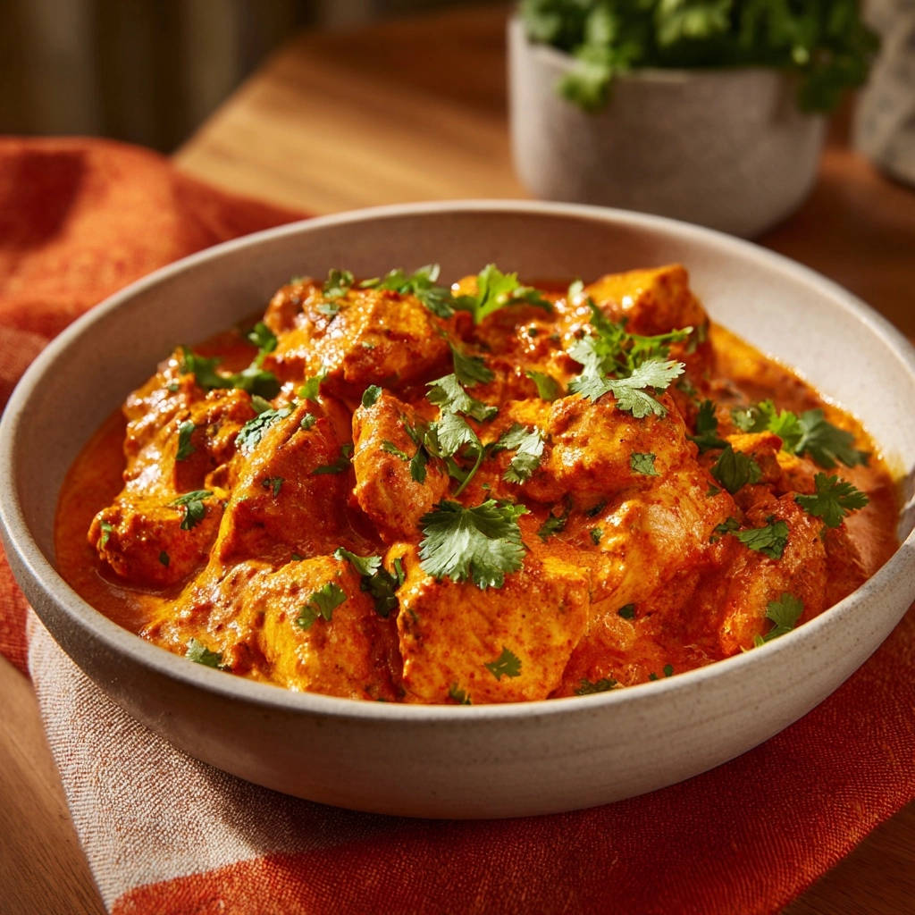 Cremiges Hähnchen-Curry in einer Schüssel, garniert mit frischen Kräutern, Nahaufnahme der zarten Hähnchenstücke in der Sauce.