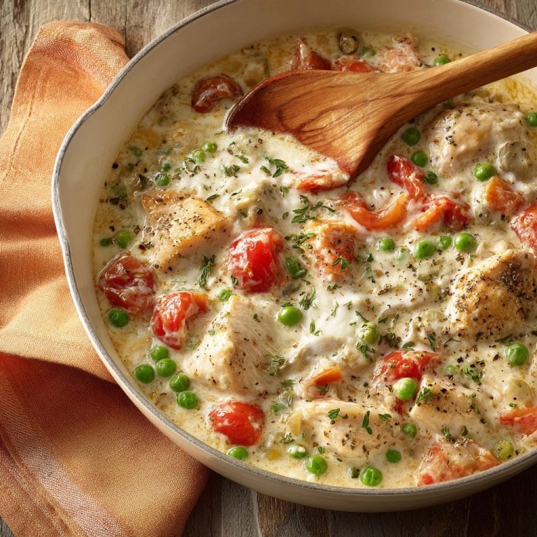 Cremiges Hähnchen mit Tomaten und Erbsen, eine Nahaufnahme mit einem Holzlöffel, der in der saftigen Sauce liegt.