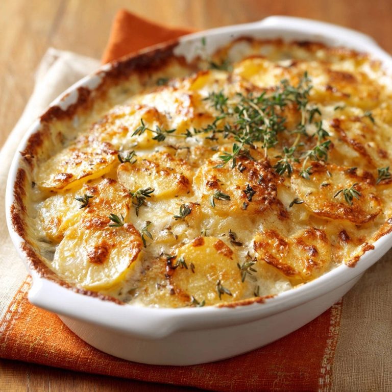 Cremiges Kartoffelgratin garniert mit frischem Thymian, in einer weißen Auflaufform frisch aus dem Ofen.