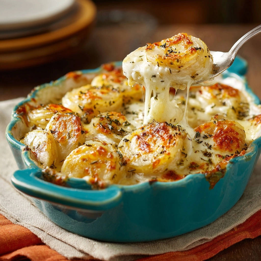 Cremiges Knoblauch-Garnelen-Gratin mit geschmolzenem Käse, der beim Anheben mit dem Löffel Fäden zieht.
