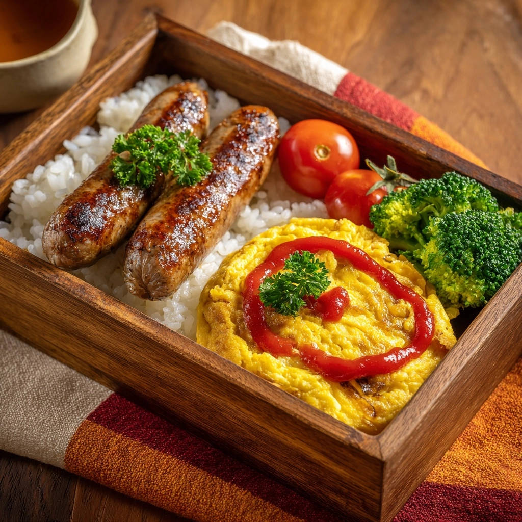 Dein Frühstücks-Bento für den Energiekick: Nahaufnahme von fluffigem Rührei mit Würstchen und Gemüse im Holzkasten.