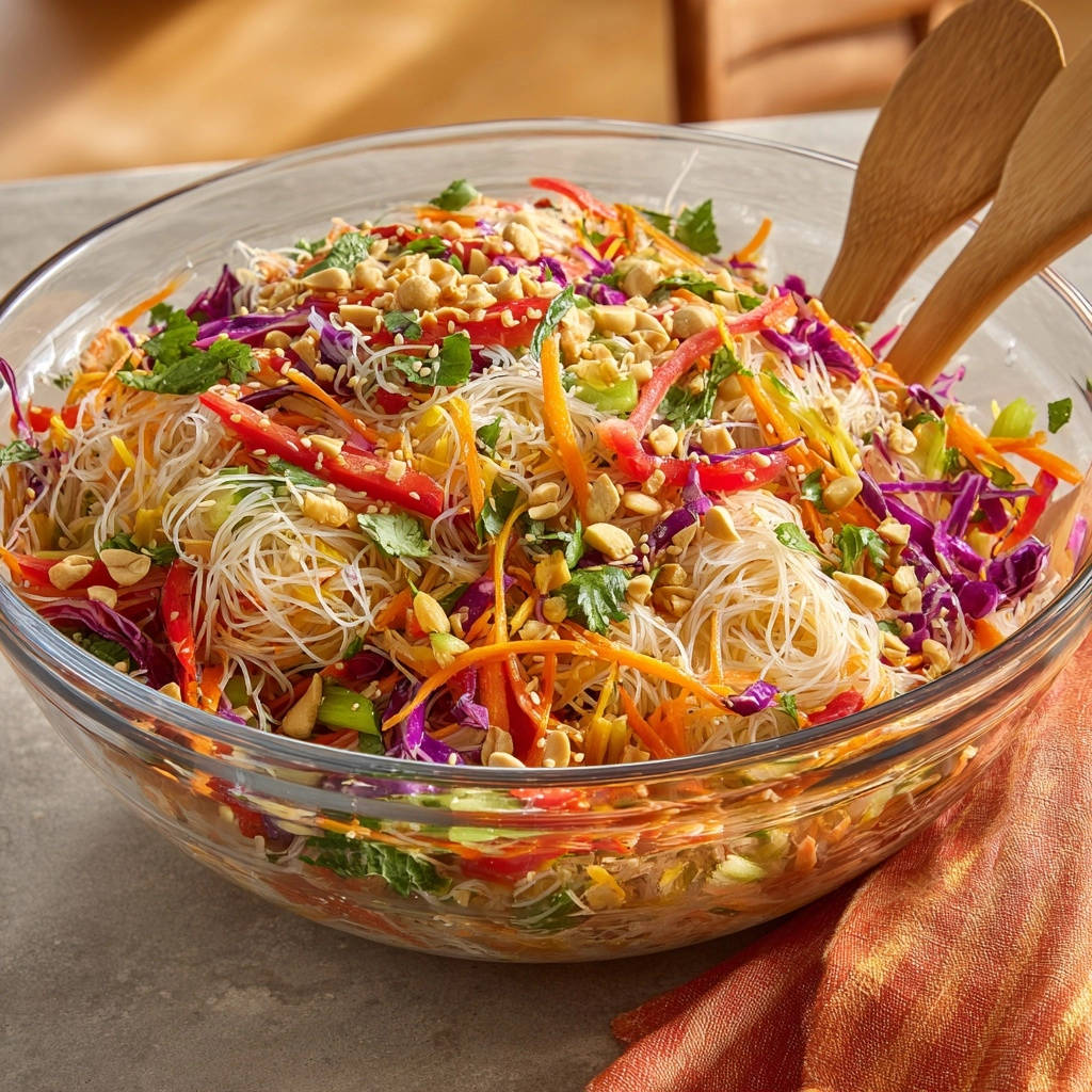 Farbenfroher Glasnudelsalat mit Erdnüssen und frischem Koriander, detaillierte Ansicht der Garnitur.