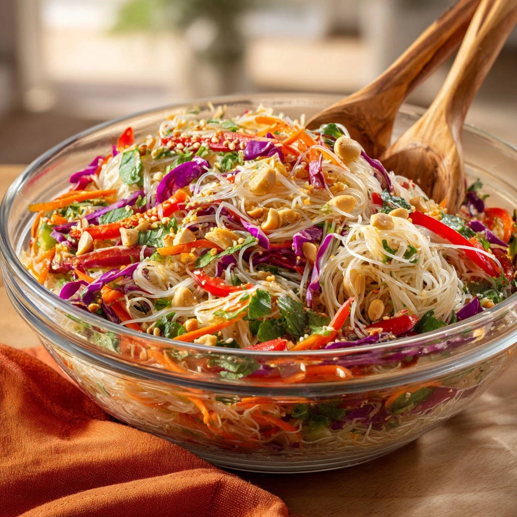 Farbenfroher Glasnudelsalat in einer Glasschüssel mit zwei Holzkochlöffeln, reich an Gemüse und Erdnüssen.