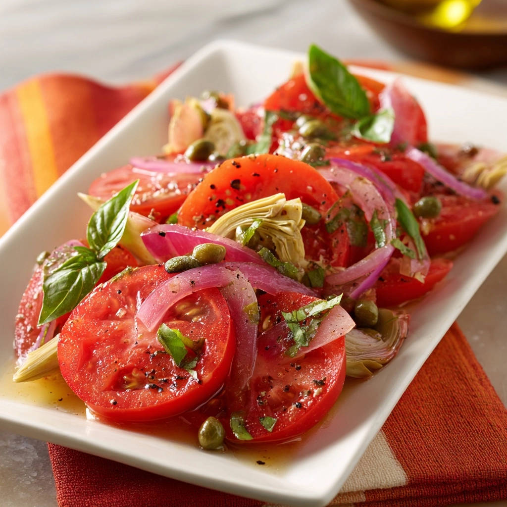 Frischer Tomaten-Artischocken-Salat mit roten Zwiebeln und Basilikum, nahaufnahme der garnierten Oberfläche.