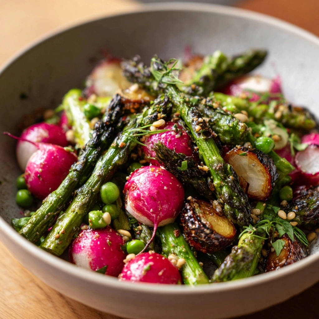 Frühlingsgemüse mit Soja-Ahorn-Dressing: Nahaufnahme der gerösteten Spargelspitzen und Radieschen mit Erbsen.