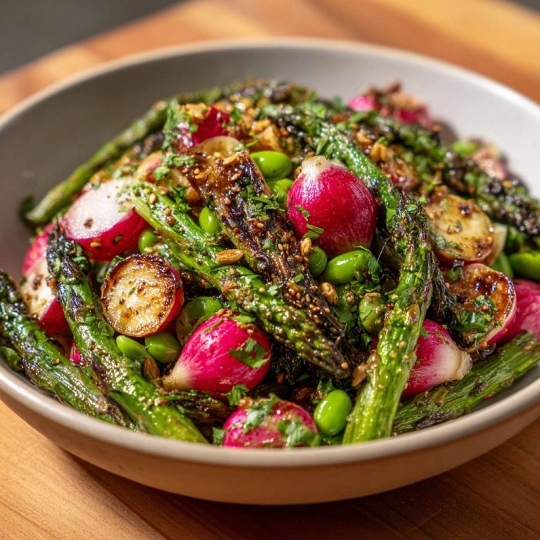 Frühlingsgemüse mit Soja-Ahorn-Dressing, Nahaufnahme der gerösteten Spargel, Radieschen und Edamame, garniert mit Kräutern.