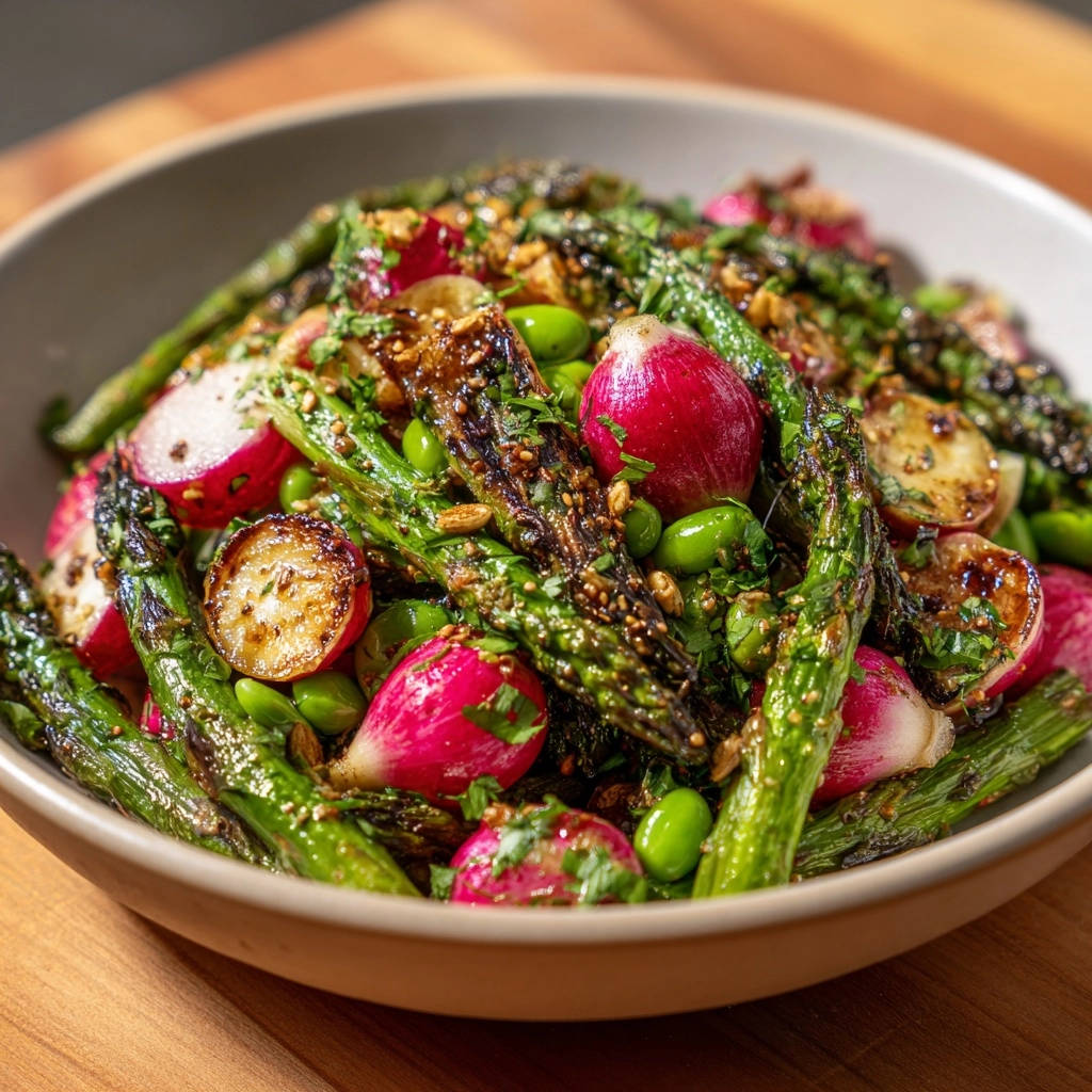 Frühlingsgemüse mit Soja-Ahorn-Dressing, Nahaufnahme der gerösteten Spargel, Radieschen und Edamame, garniert mit Kräutern.