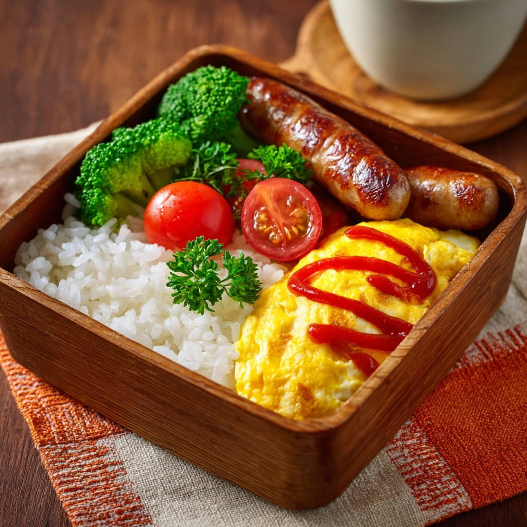 Dein Frühstücks-Bento für den Energiekick mit nahaufnahme der fluffigen Eier, garniert mit Ketchup.