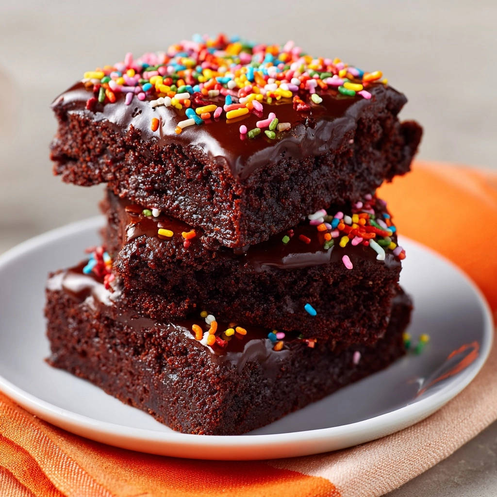 Fudgy Schoko-Brownies im Stapel mit Schokoladenglasur und bunten Streuseln, Nahaufnahme der saftigen Textur.