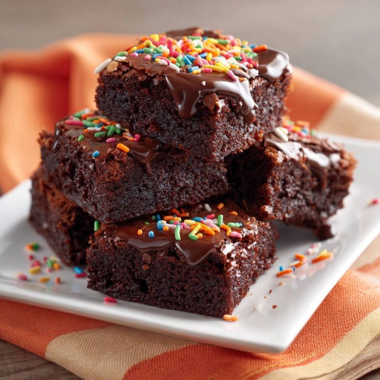 Fudgy Schoko-Brownies gestapelt auf einem Teller, garniert mit bunten Zuckerstreuseln und Schokoladenglasur.