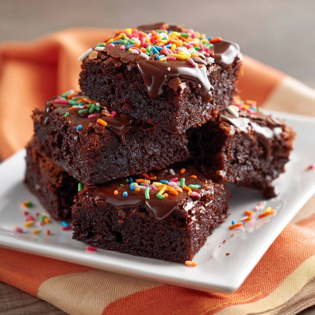 Fudgy Schoko-Brownies gestapelt auf einem Teller, garniert mit bunten Zuckerstreuseln und Schokoladenglasur.