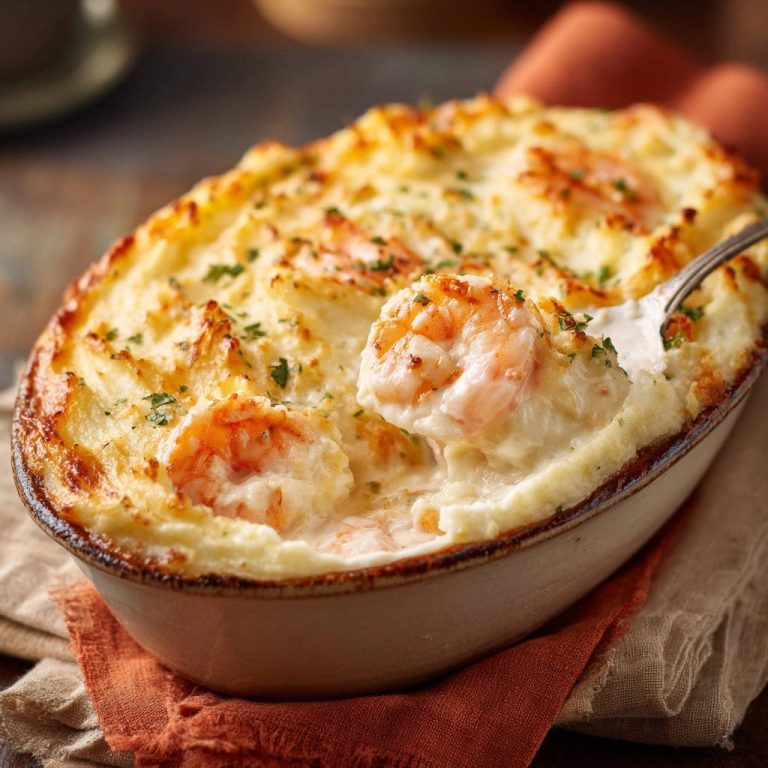 Cremiges Garnelen-Gratin mit Kartoffelhaube, das mit einem Löffel herausgenommen wird, um die zarten Garnelen zu zeigen.