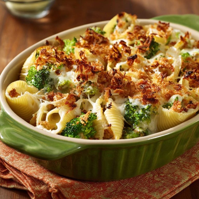 Gefüllte Muschelpasta mit Brokkoli und Käse in grüner Auflaufform, nahaufnahme der knusprigen Kruste und des geschmolzenen Käses.