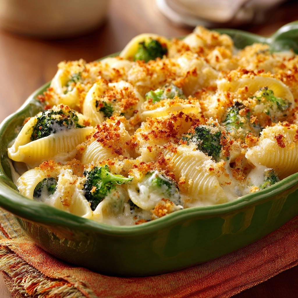 Gefüllte Muschelpasta mit Brokkoli und Käse, nahaufnahme der knusprigen Käsekruste und cremigen Füllung im grünen Auflauf.