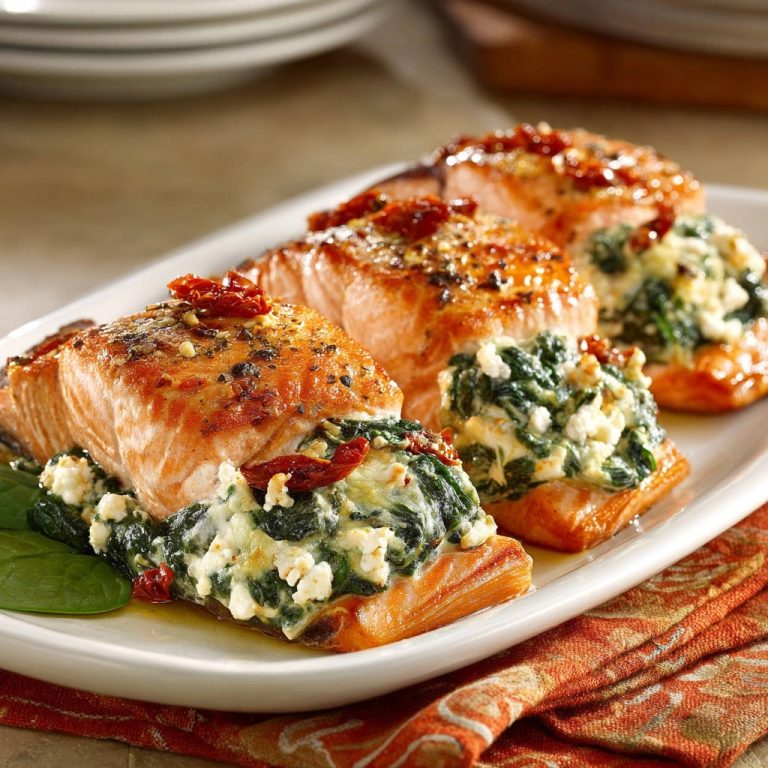 Gefüllter Lachs mit cremigem Spinat und Feta, serviert auf einem weißen Teller mit einer Nahaufnahme der Füllung.