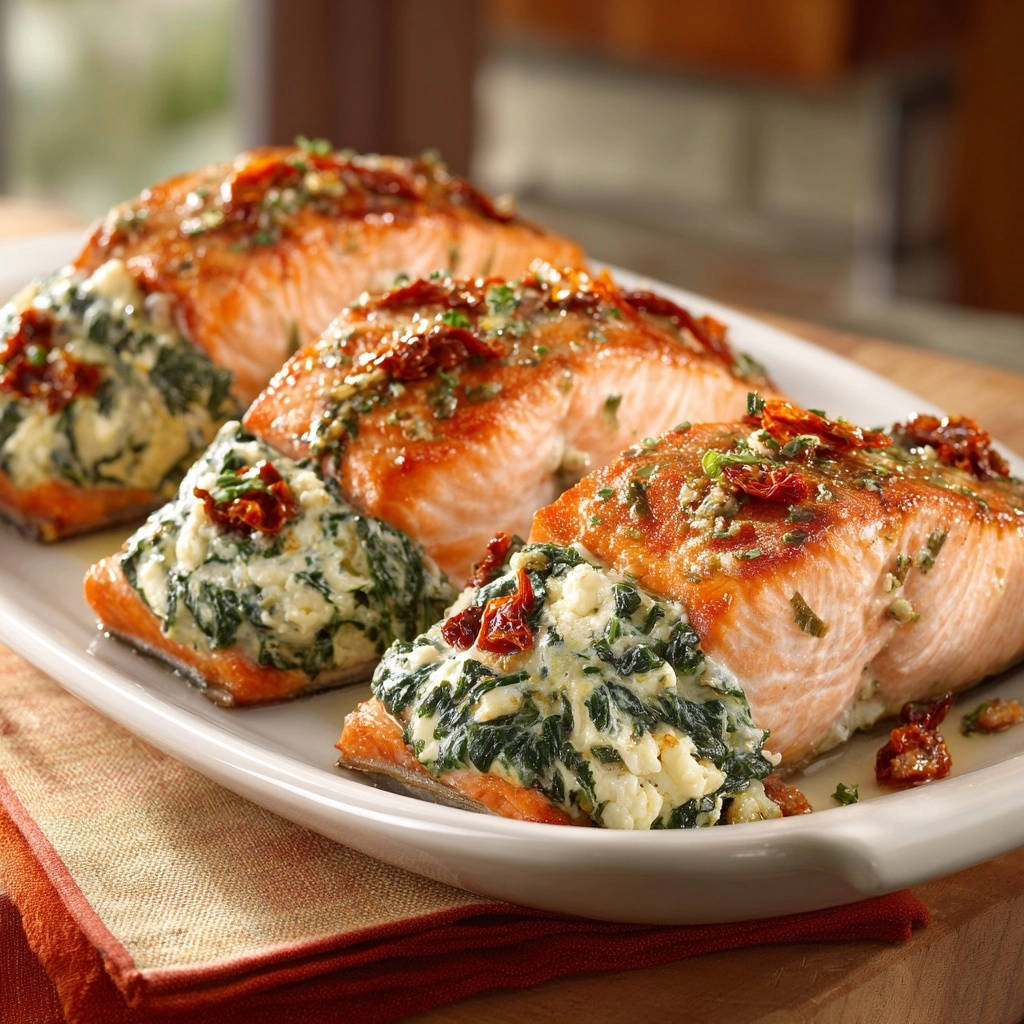 Gefüllter Lachs mit cremigem Spinat und Feta als Nahaufnahme, die die üppige Füllung zeigt.