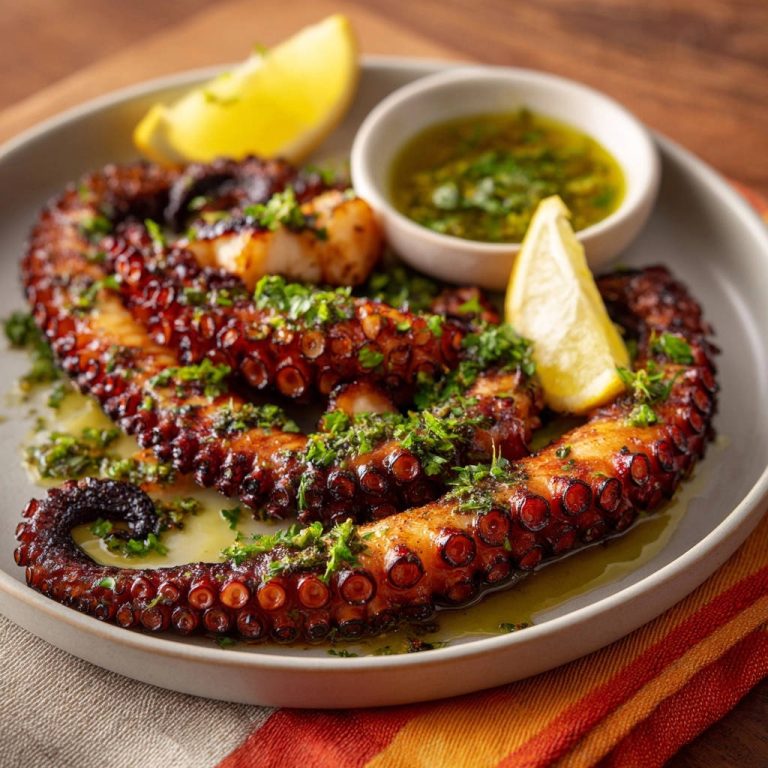 Zarter gegrillter Oktopus mit Kräutern und Zitronenspalten garniert auf einem Teller, detailreiche Nahaufnahme der Tentakel.