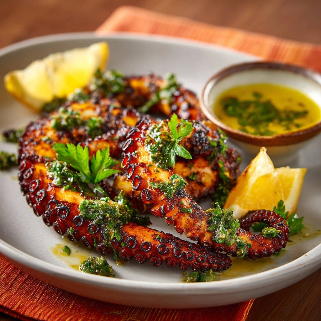 Zarter gegrillter Oktopus mit Zitronenspalten und frischen Kräutern, serviert mit einer Dip-Schale