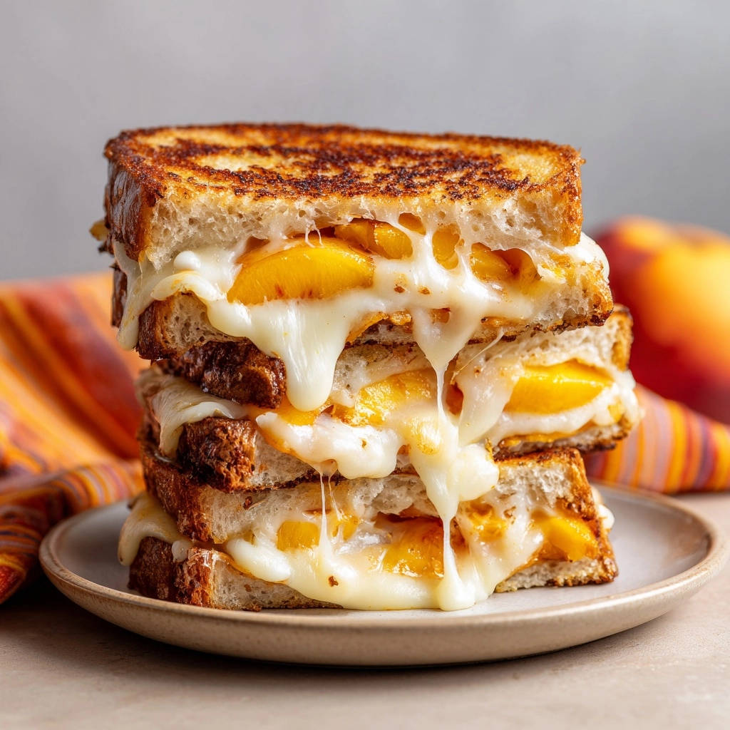 Gegrilltes Pfirsich-Käse-Sandwich, gestapelt und mit geschmolzenem Käse übergossen, zeigt die leckere Füllung von innen.