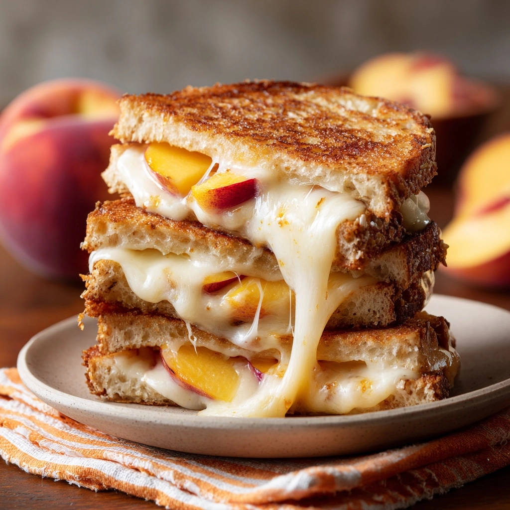 Gegrilltes Pfirsich-Käse-Sandwich mit geschmolzenem Käse und Pfirsichstücken, innen angeschnitten
