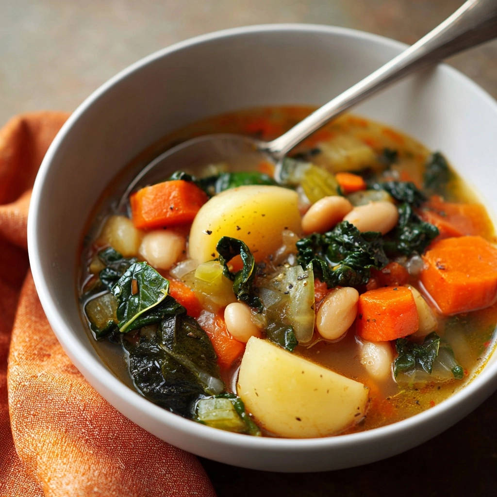 Herzhafte Gemüsesuppe mit weißen Bohnen als Nahaufnahme mit Kartoffeln, Karotten und Grünkohl in einer weißen Schüssel.