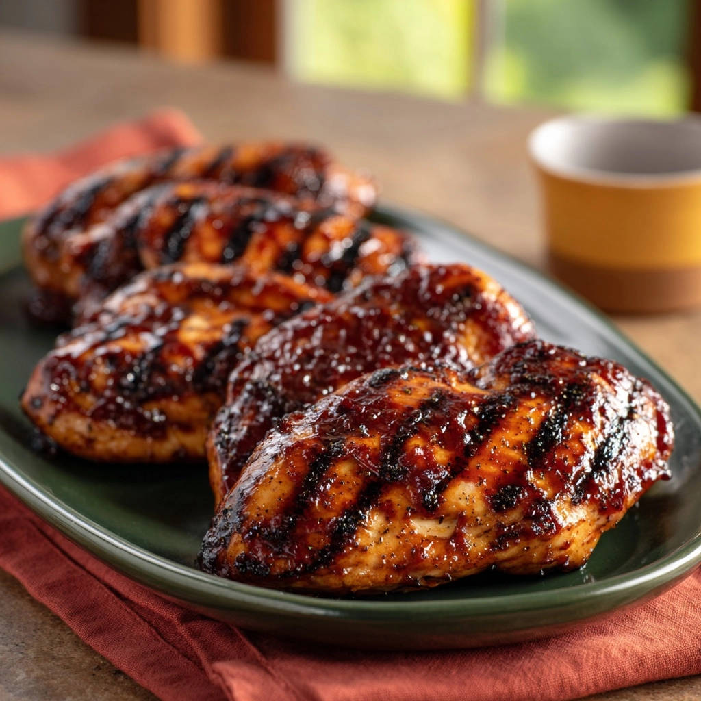 Saftige glasierte Hähnchenbrust vom Grill, nahaufnahme der gegrillten Textur und glänzenden Glasur.