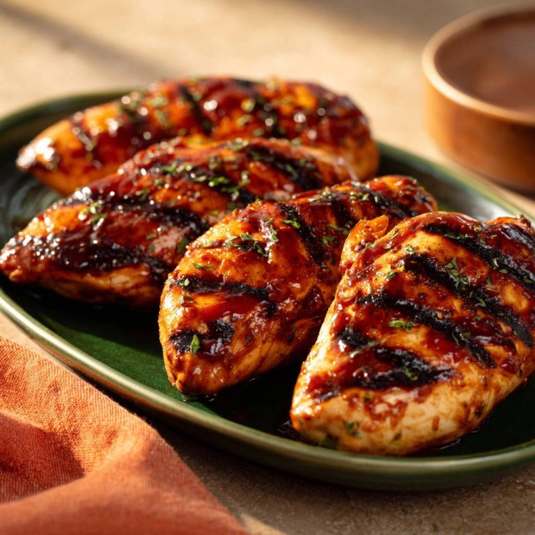 Saftige glasierte Hähnchenbrust vom Grill, nahaufnahme mit Grillstreifen und frischer Petersilie garniert.
