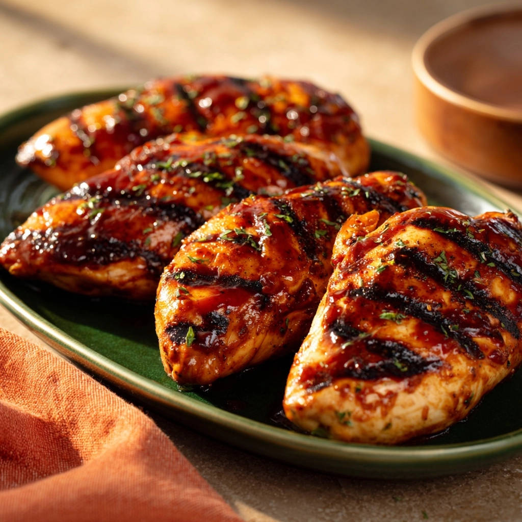 Saftige glasierte Hähnchenbrust vom Grill, nahaufnahme mit Grillstreifen und frischer Petersilie garniert.