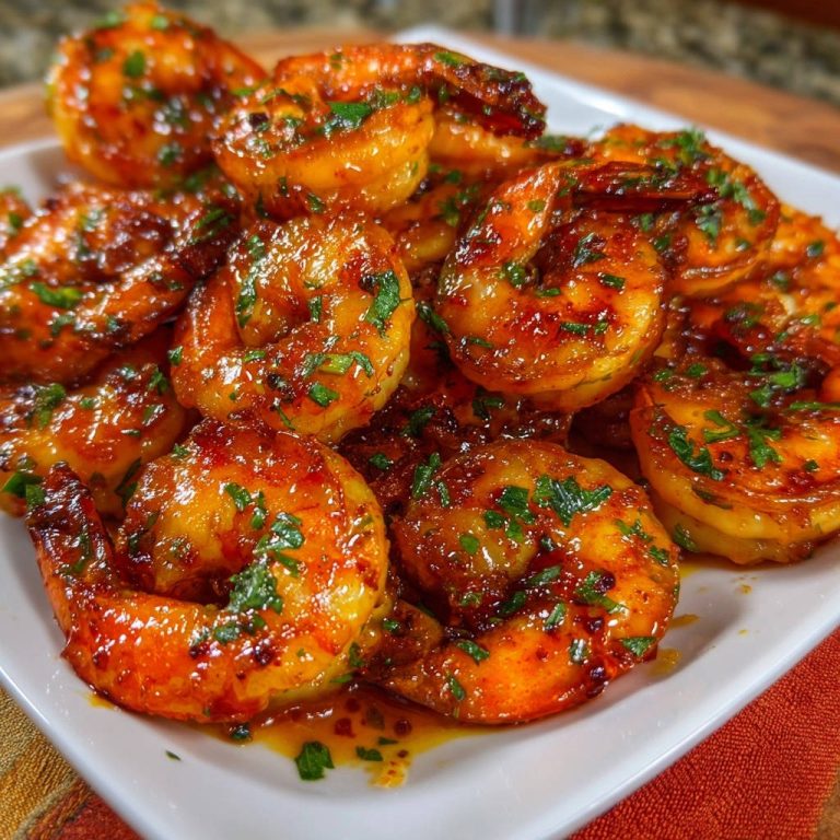 Glänzende Knoblauch-Chili-Garnelen als Nahaufnahme mit glänzender Glasur und Petersilie garniert.