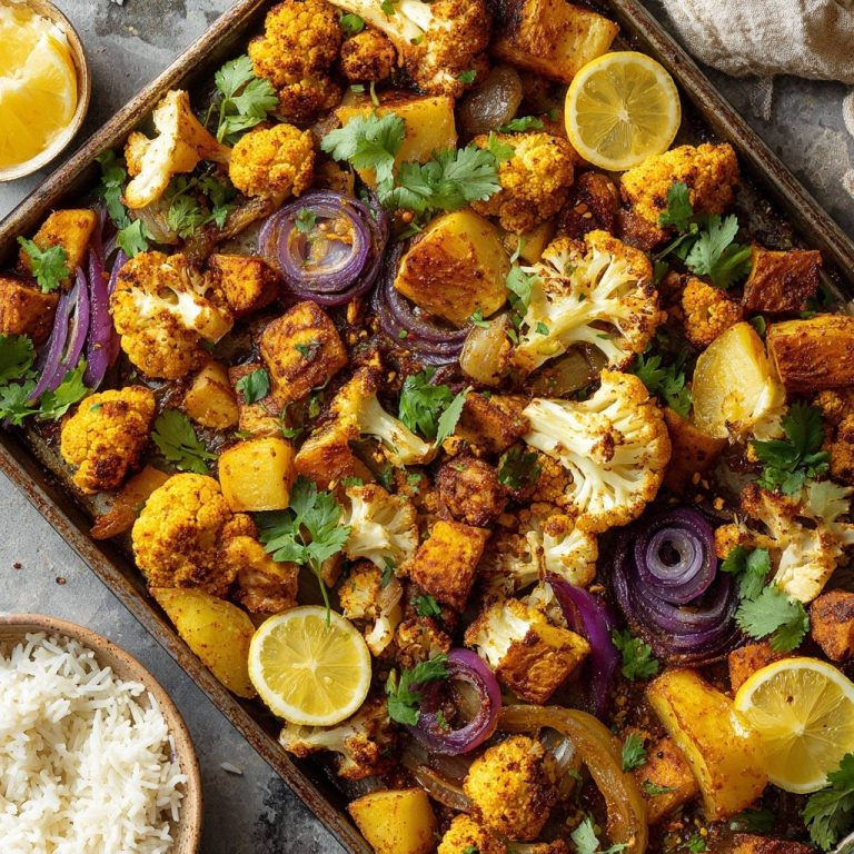 Goldbraunes indisches Ofengemüse mit Paneer auf einem Backblech, von oben gesehen, mit Zitronenspalten und Koriander garniert.