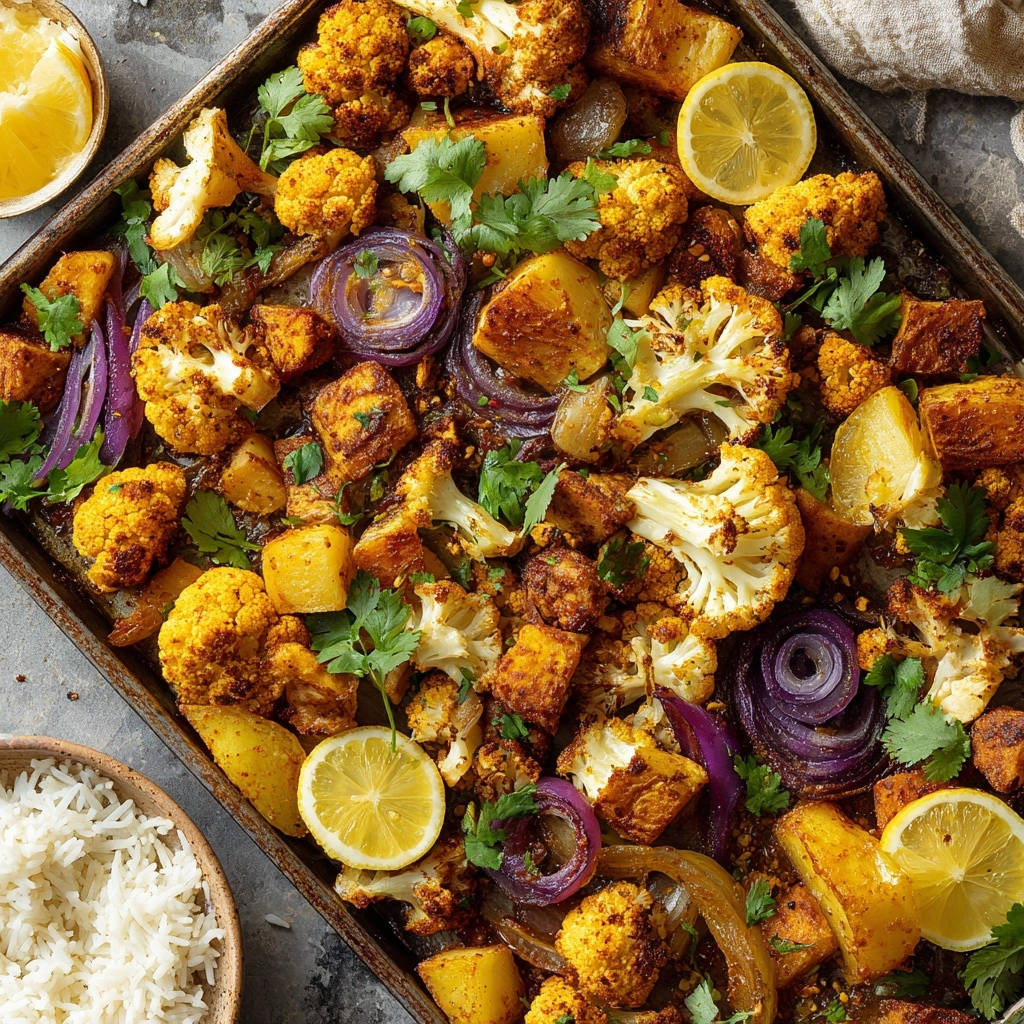 Goldbraunes indisches Ofengemüse mit Paneer auf einem Backblech, von oben gesehen, mit Zitronenspalten und Koriander garniert.