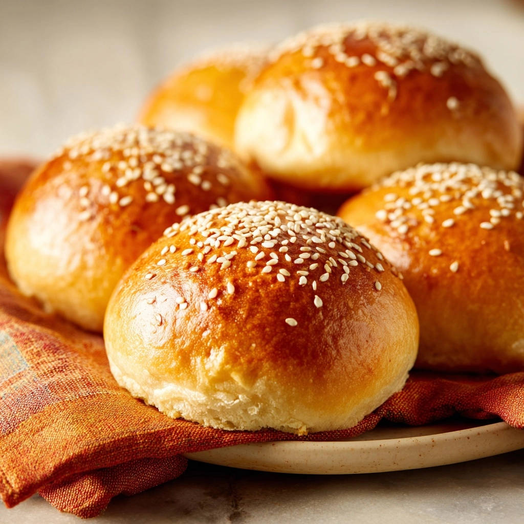 Goldene Sesam-Brötchen für Burger & Co. in einer Nahaufnahme, die die glänzende Kruste und die Sesamkörner zeigt.