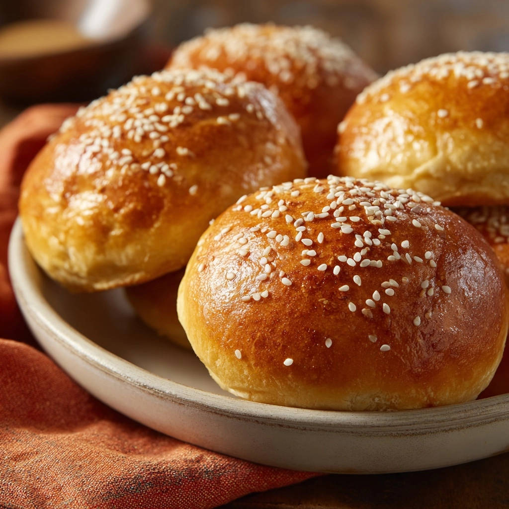 Goldene Sesam-Brötchen für Burger & Co. als Nahaufnahme mit vielen Sesamsamen auf den luftigen Bissen